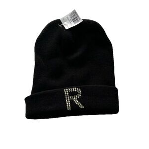 Black Knit Beanie Winter Hat with Rhinestone Letter R One Size New